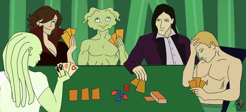  Самка Контролера,  Эльвен,  Изум,  Грозный Тар и  Марид за игрой в покер (by  Марид)